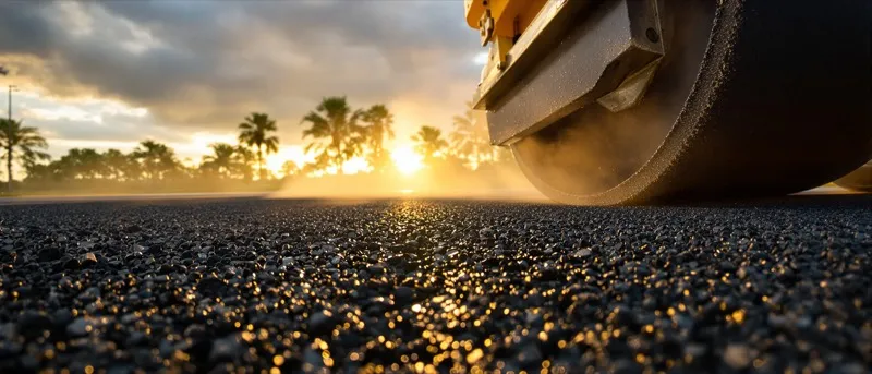 Steel drum roller compacting a fresh asphalt mat at sunset after rain