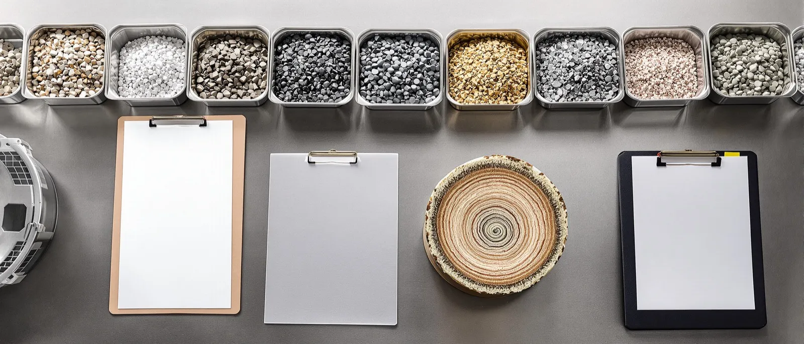 Row of compacted asphalt lab specimens with different aggregate textures on a steel shelf