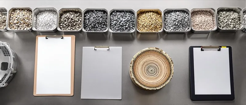 Row of compacted asphalt lab specimens with different aggregate textures on a steel shelf