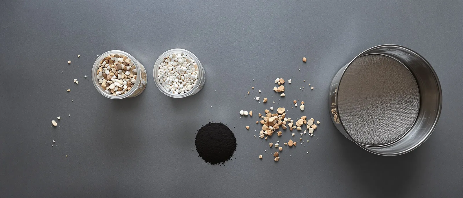 Overhead view of testing sieves and trays of graded aggregate on a lab bench
