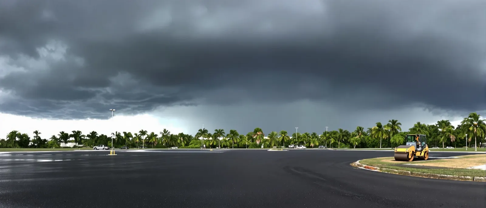 New asphalt parking lot under building storm clouds with palm trees in Florida