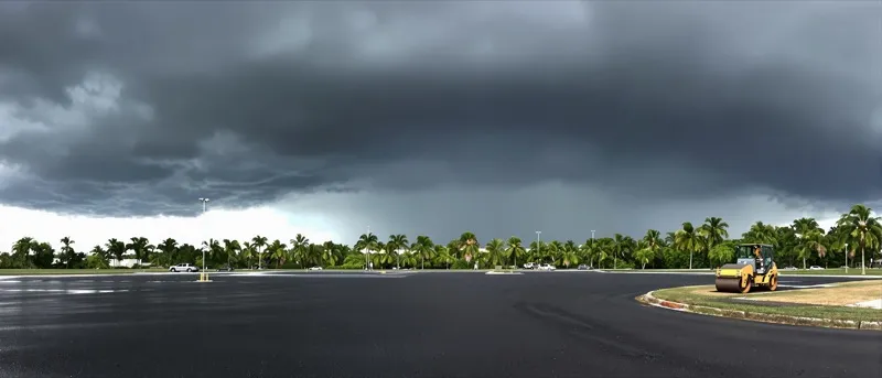 New asphalt parking lot under building storm clouds with palm trees in Florida