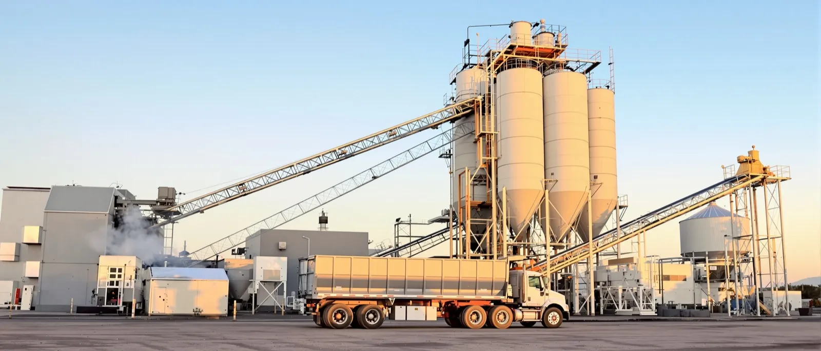 Unmarked dump truck under an asphalt plant silo loadout chute at sunrise