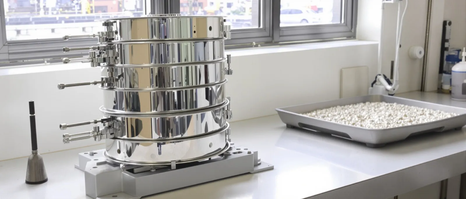 Fresh hot mix asphalt sample in a steel pan beside a thermometer and sieves in a plant lab