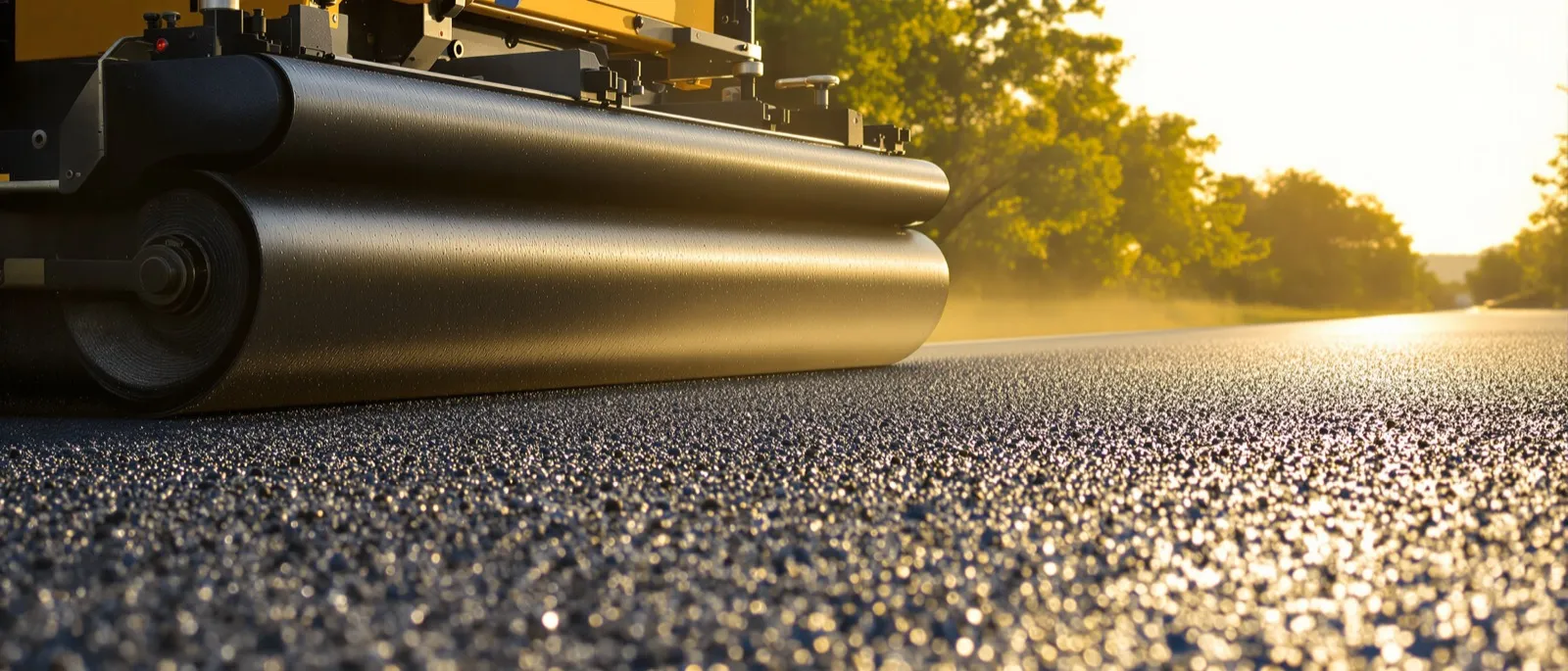 Paver screed laying a fresh asphalt mat on a coastal road with mangroves in the background