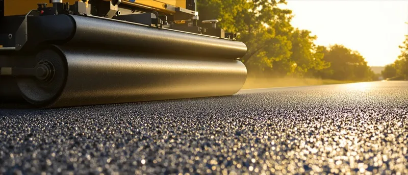 Paver screed laying a fresh asphalt mat on a coastal road with mangroves in the background