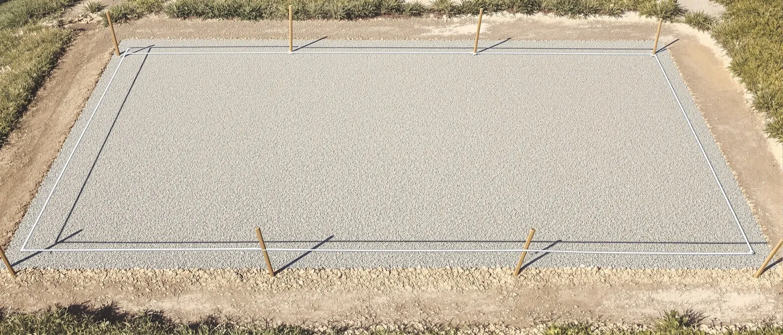 Prepared parking lot base with grade stakes, string line and measuring wheel before paving