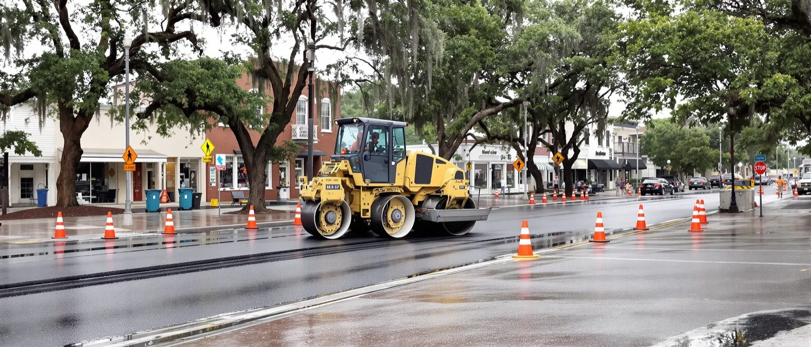Freshly resurfaced downtown street lined with traffic cones and live oaks after rain
