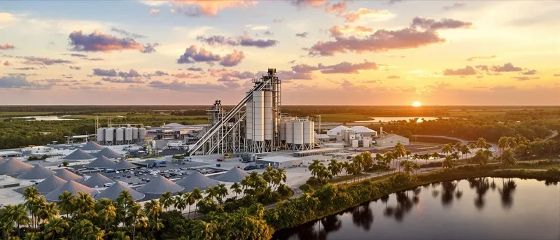 Aerial view of an asphalt plant with silos, aggregate stockpiles and a retention pond at golden hour
