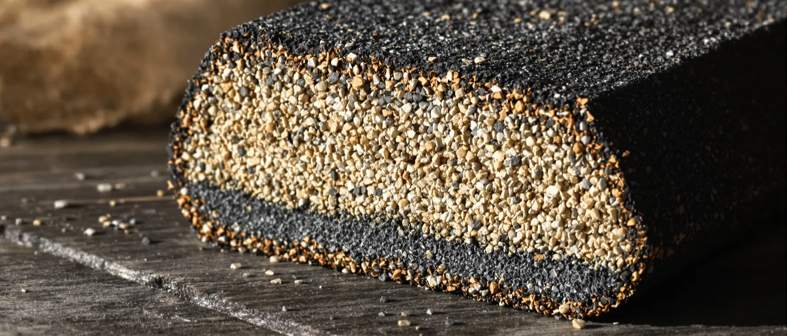 Close-up cross-section of a compacted asphalt core showing medium aggregate
