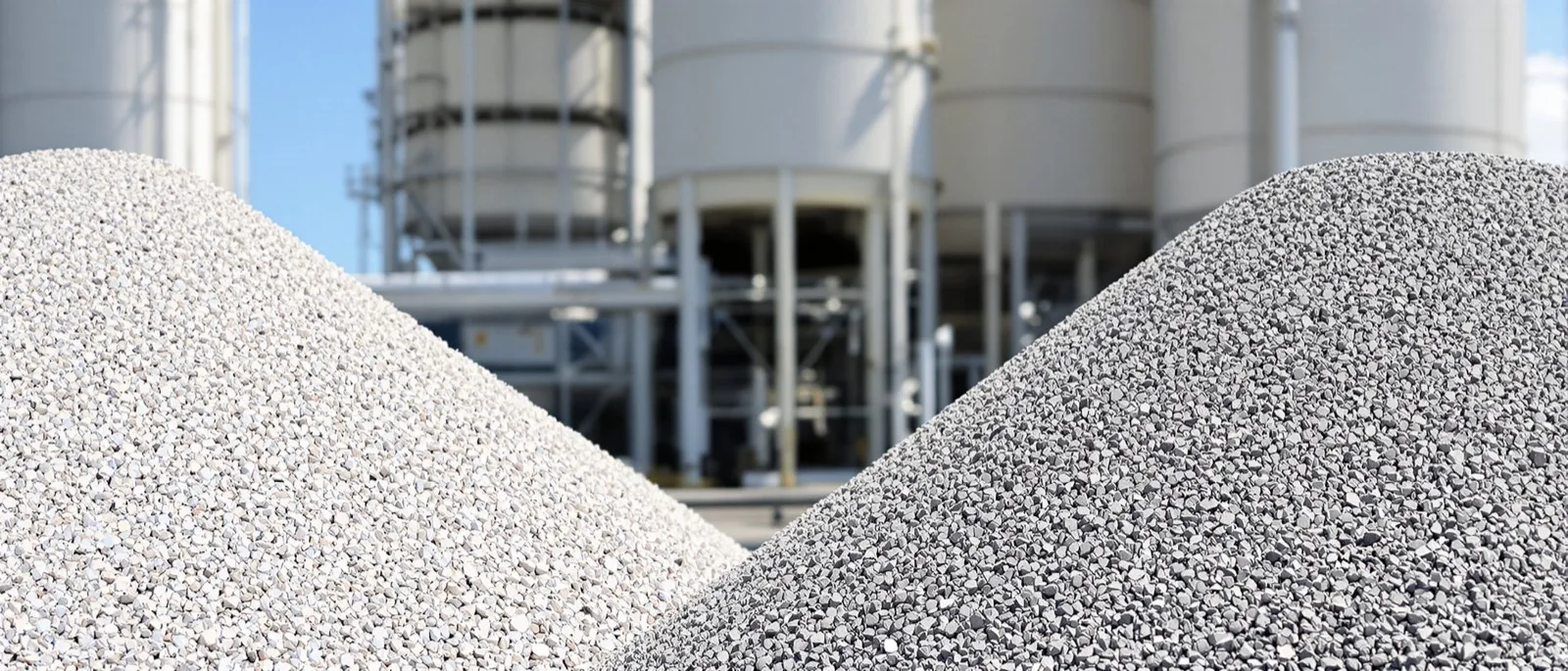 Three piles of graded aggregate at an asphalt plant with a binder tank behind