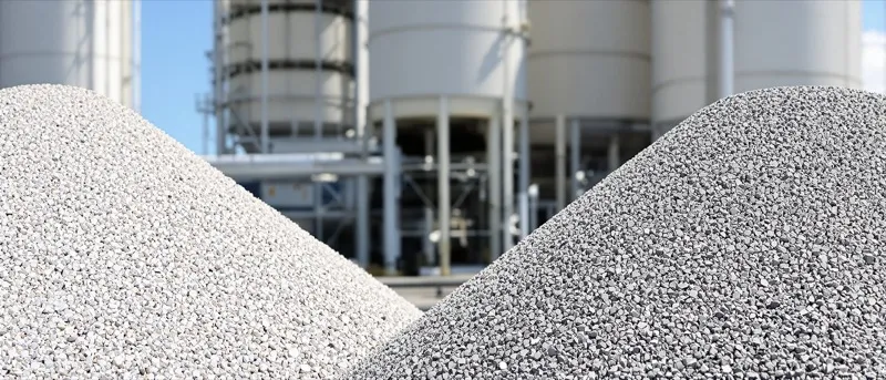 Three piles of graded aggregate at an asphalt plant with a binder tank behind