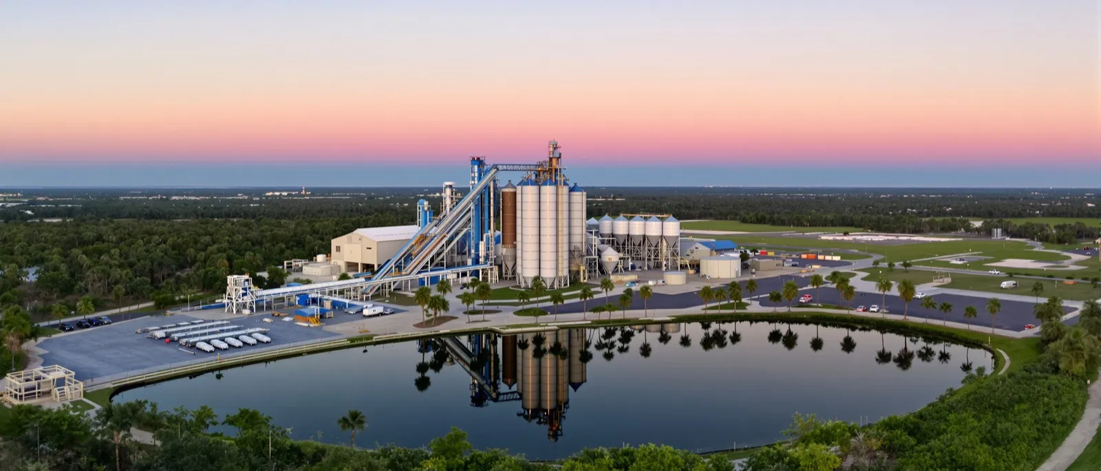 Aerial view of an asphalt plant with silos and aggregate stockpiles at sunrise in Florida