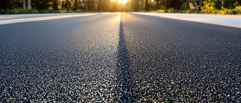 Asphalt paver laying a fresh mat on a two lane road at sunrise